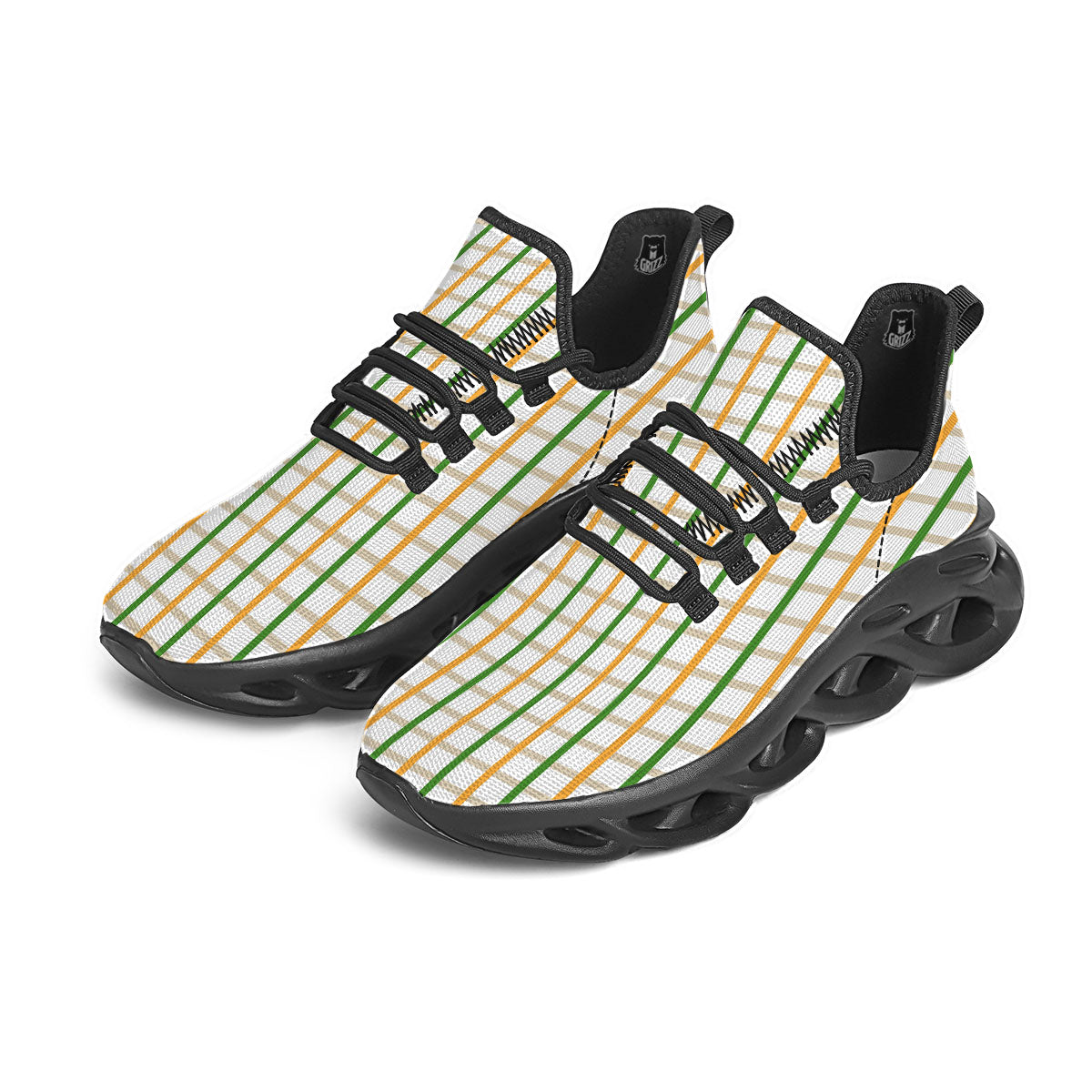Tattersall Orange And Green Line Print Black Running Shoes-grizzshop