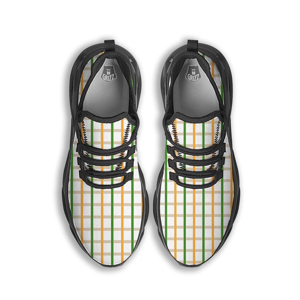 Tattersall Orange And Green Line Print Black Running Shoes-grizzshop