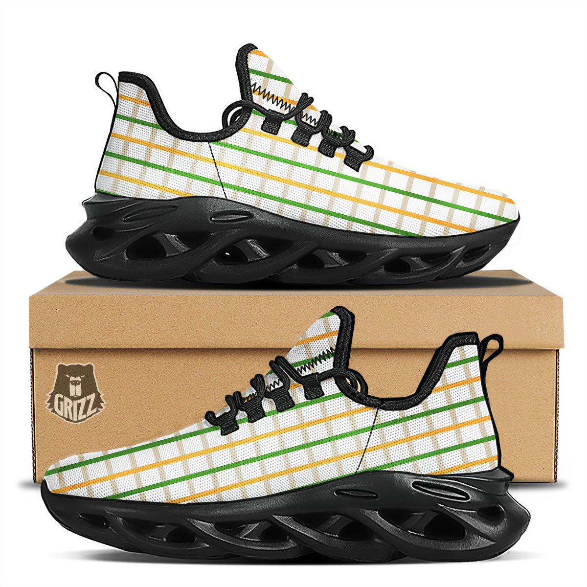 Tattersall Orange And Green Line Print Black Running Shoes-grizzshop