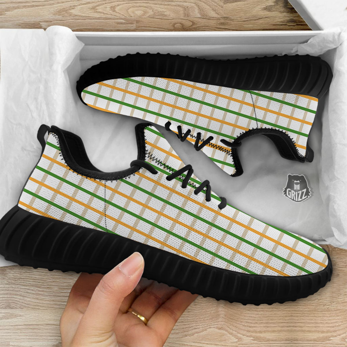 Tattersall Orange And Green Line Print Black Walking Shoes-grizzshop