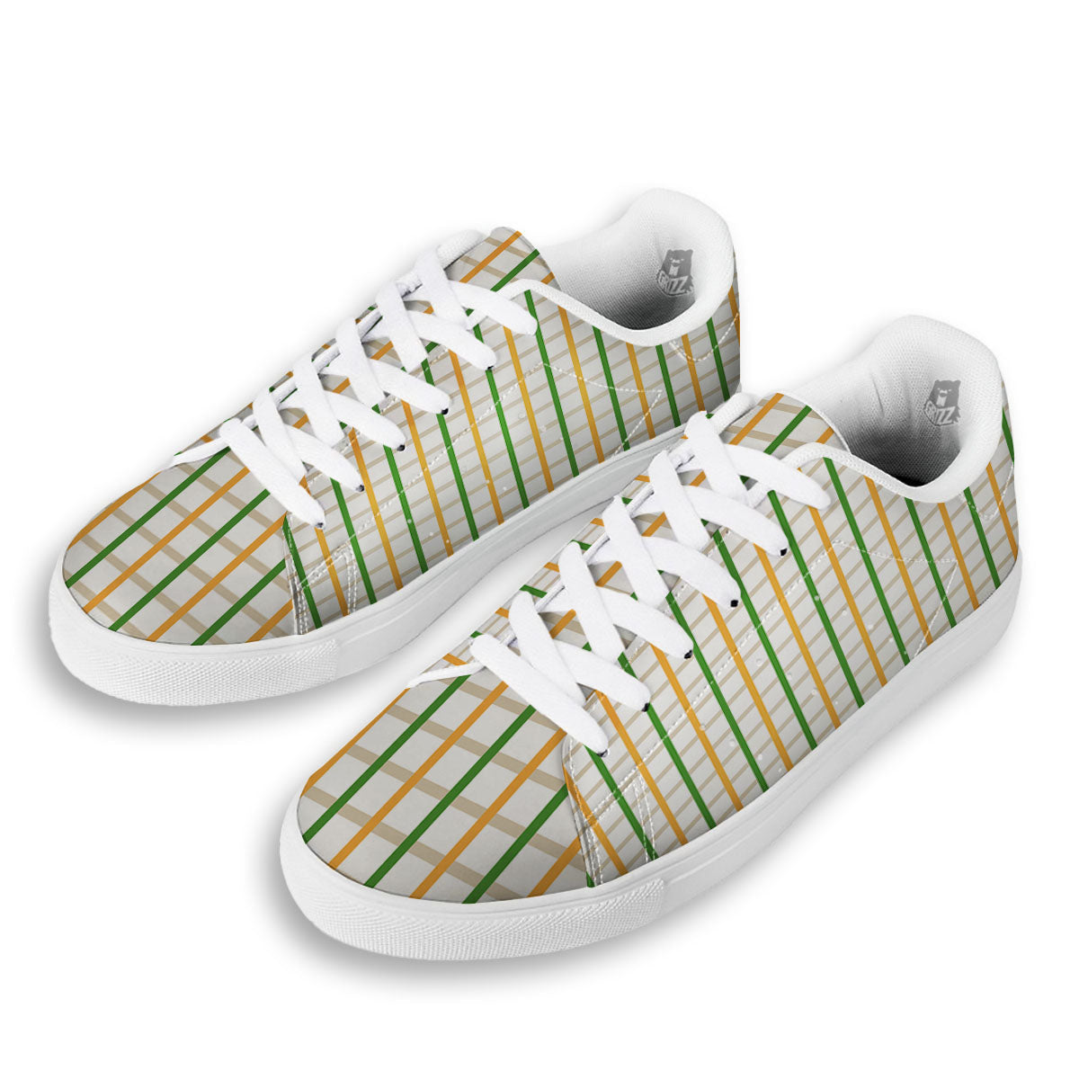 Tattersall Orange And Green Line Print White Low Top Sneakers-grizzshop