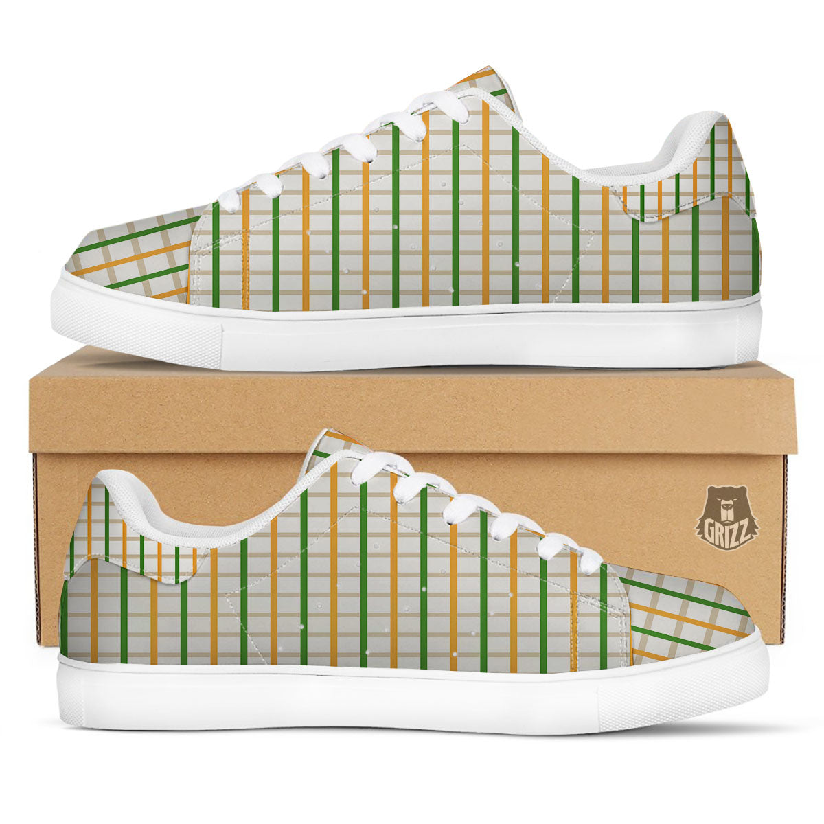 Tattersall Orange And Green Line Print White Low Top Sneakers-grizzshop