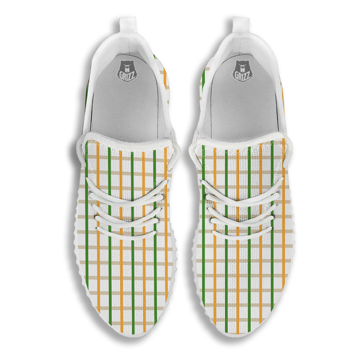 Tattersall Orange And Green Line Print White Walking Shoes-grizzshop