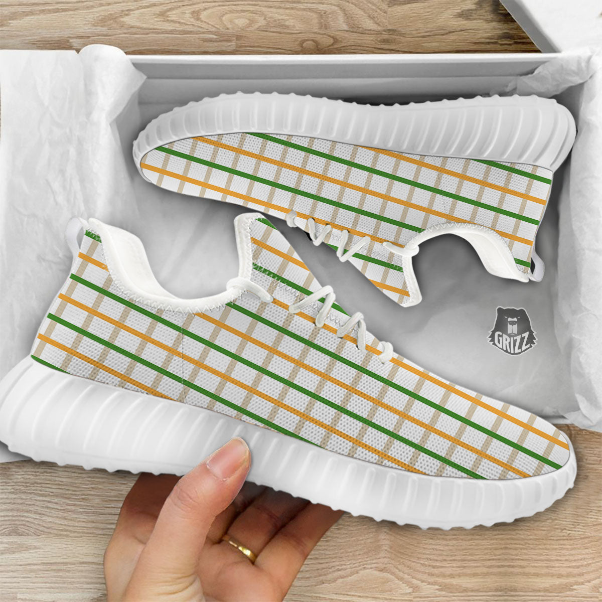 Tattersall Orange And Green Line Print White Walking Shoes-grizzshop