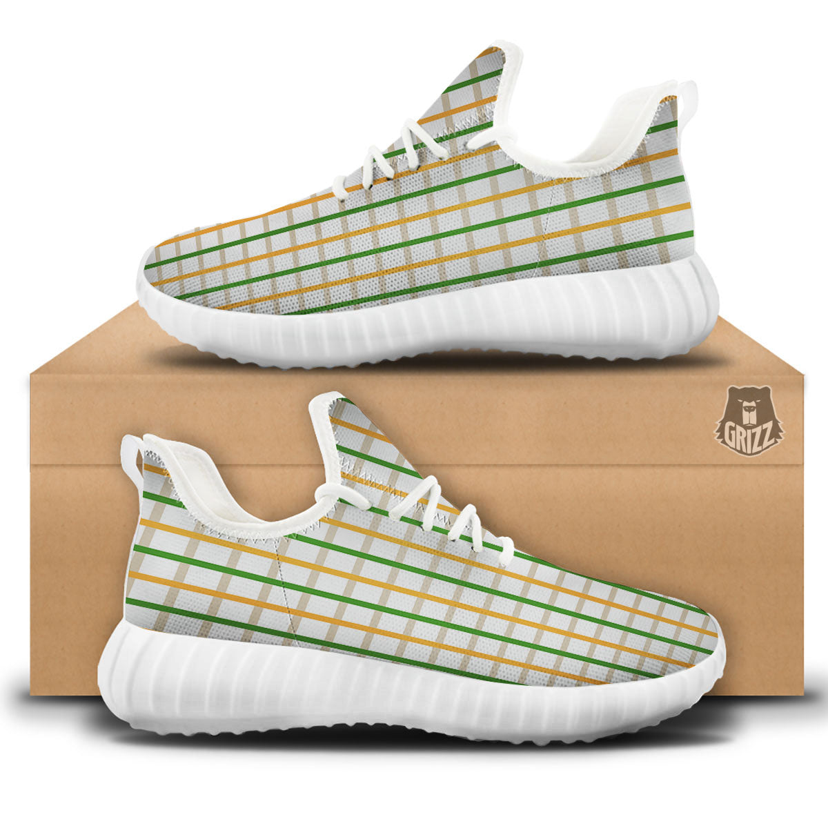 Tattersall Orange And Green Line Print White Walking Shoes-grizzshop