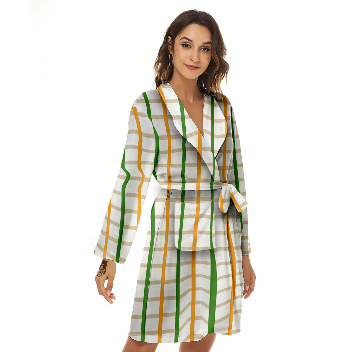Tattersall Orange And Green Line Print Women's Robe-grizzshop