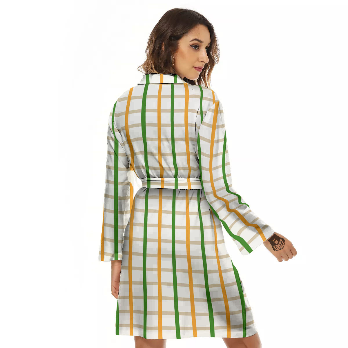 Tattersall Orange And Green Line Print Women's Robe-grizzshop