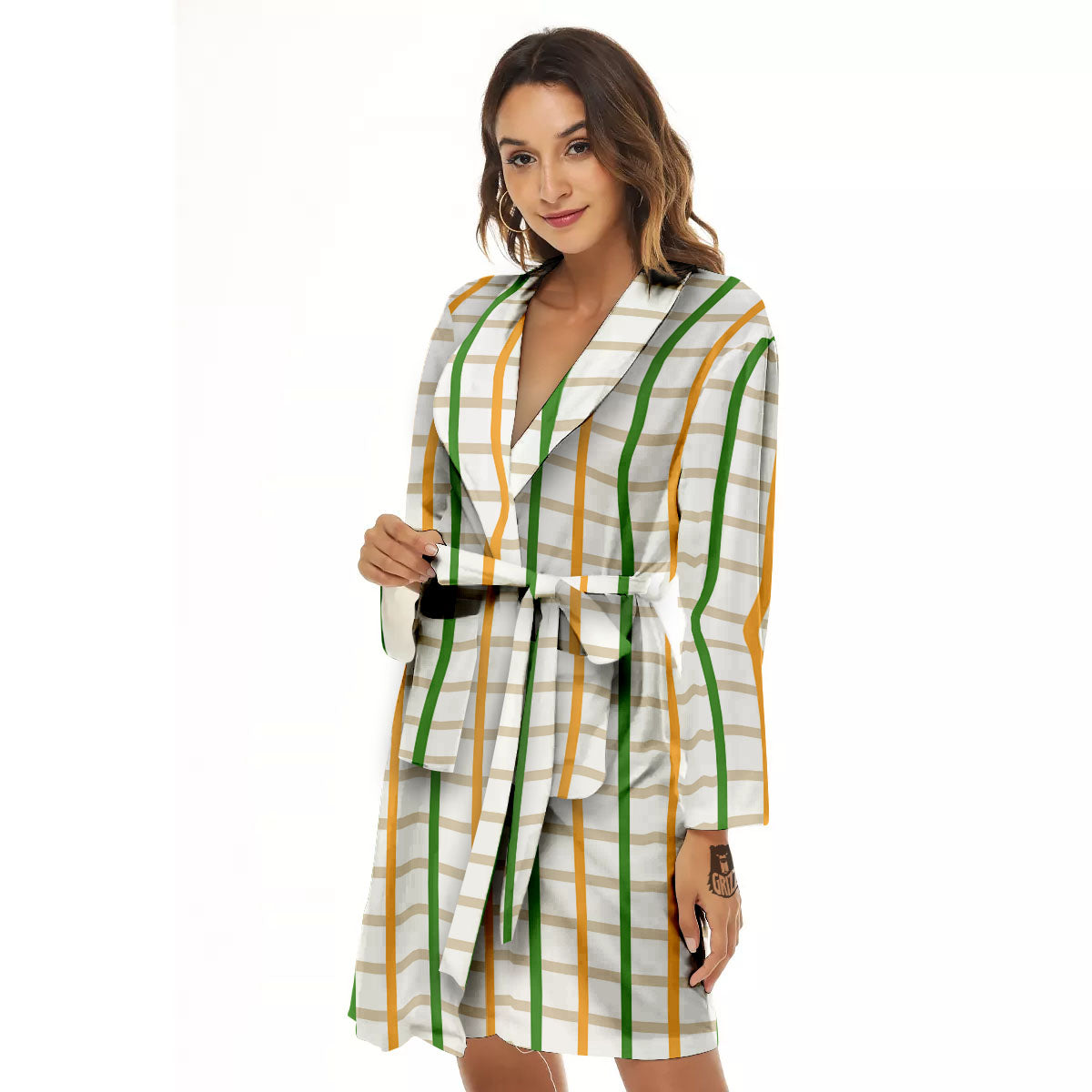 Tattersall Orange And Green Line Print Women's Robe-grizzshop