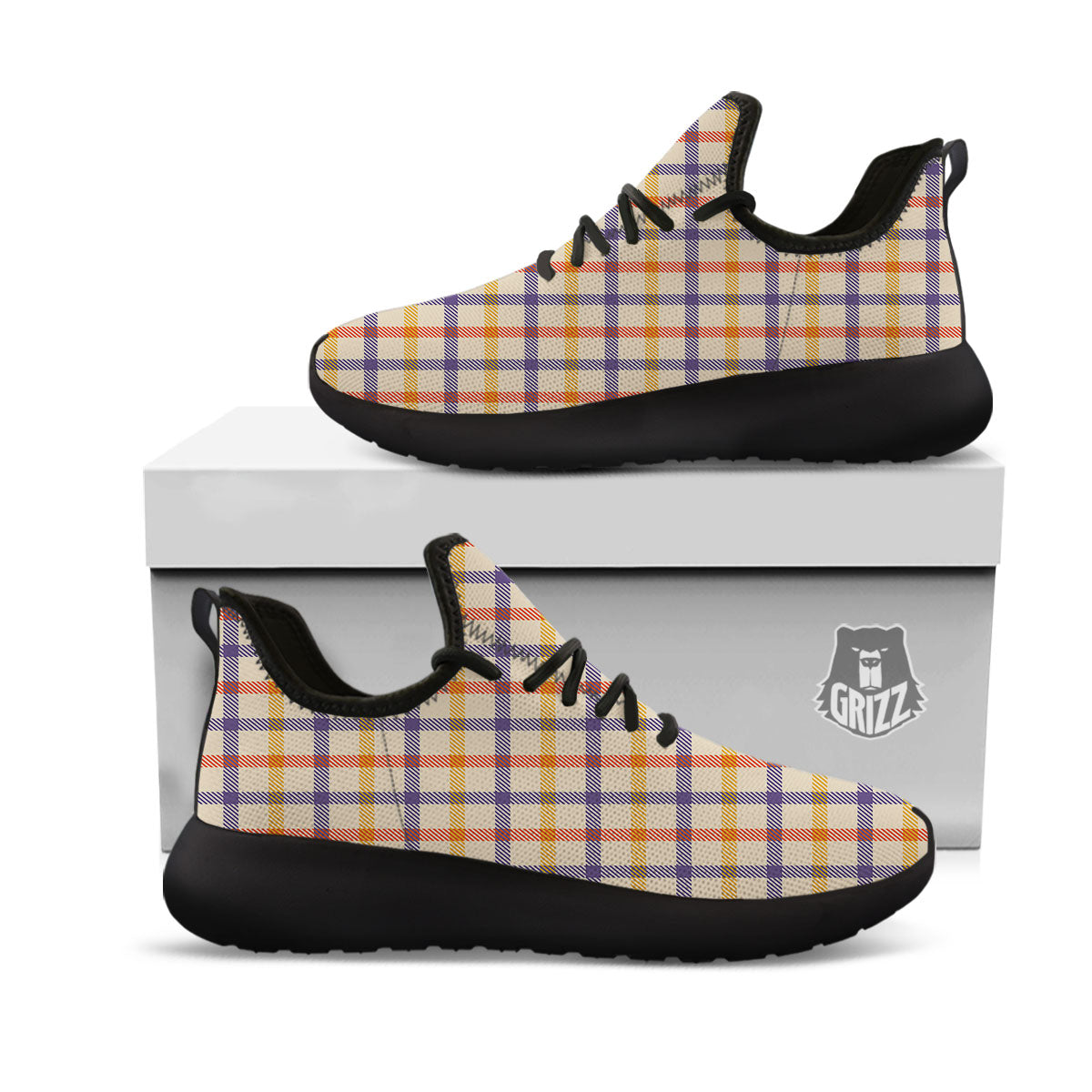 Tattersall Orange And Purple Print Pattern Black Athletic Shoes-grizzshop