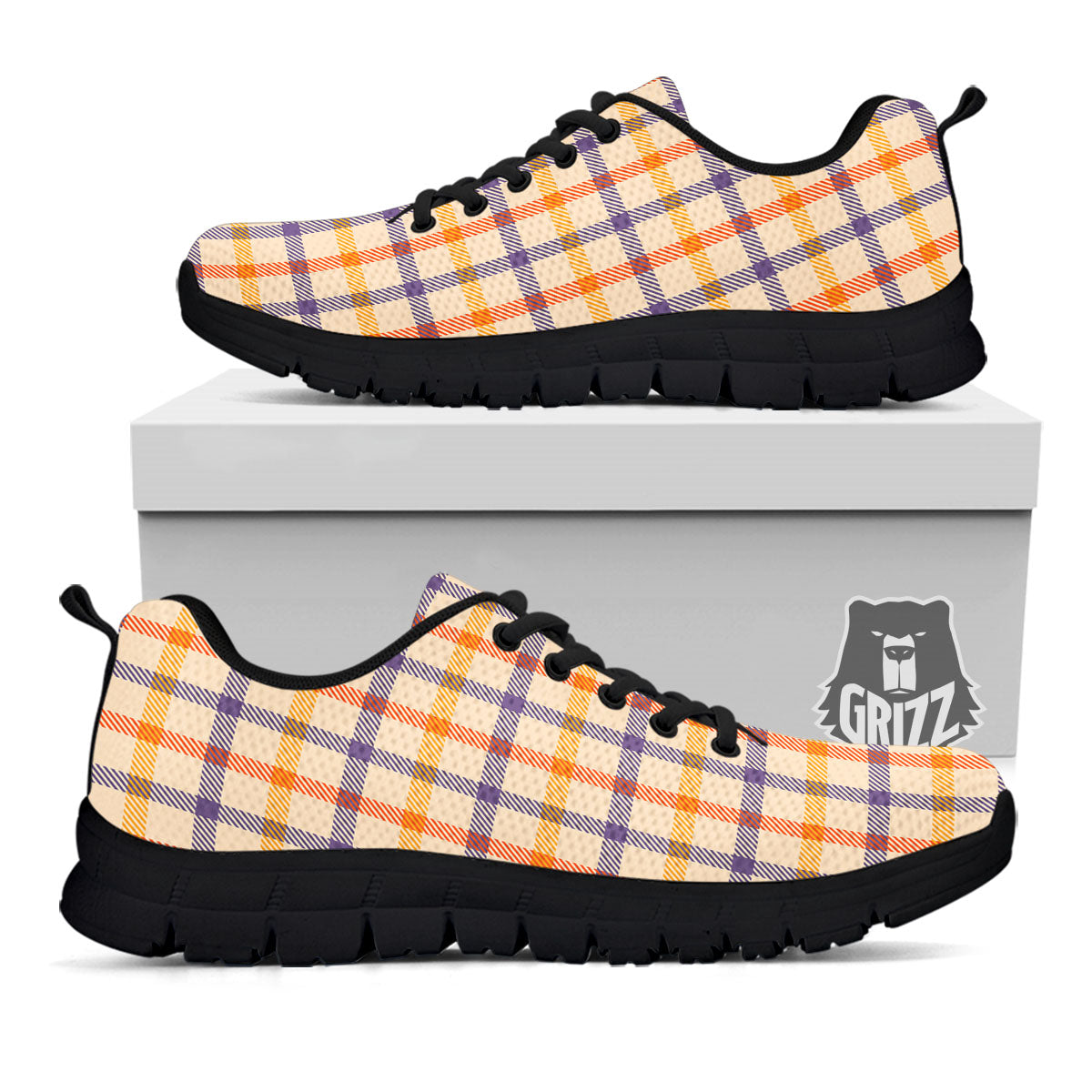 Tattersall Orange And Purple Print Pattern Black Sneaker-grizzshop