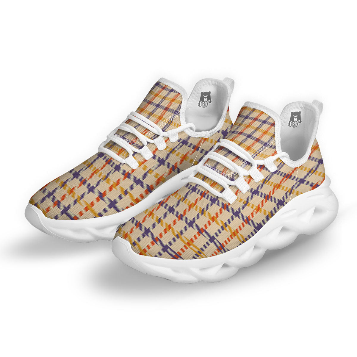 Tattersall Orange And Purple Print Pattern White Running Shoes-grizzshop