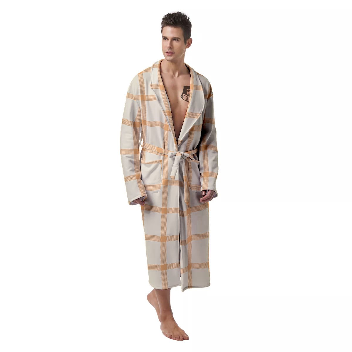 Tattersall Orange Pastel Print Pattern Men's Robe-grizzshop