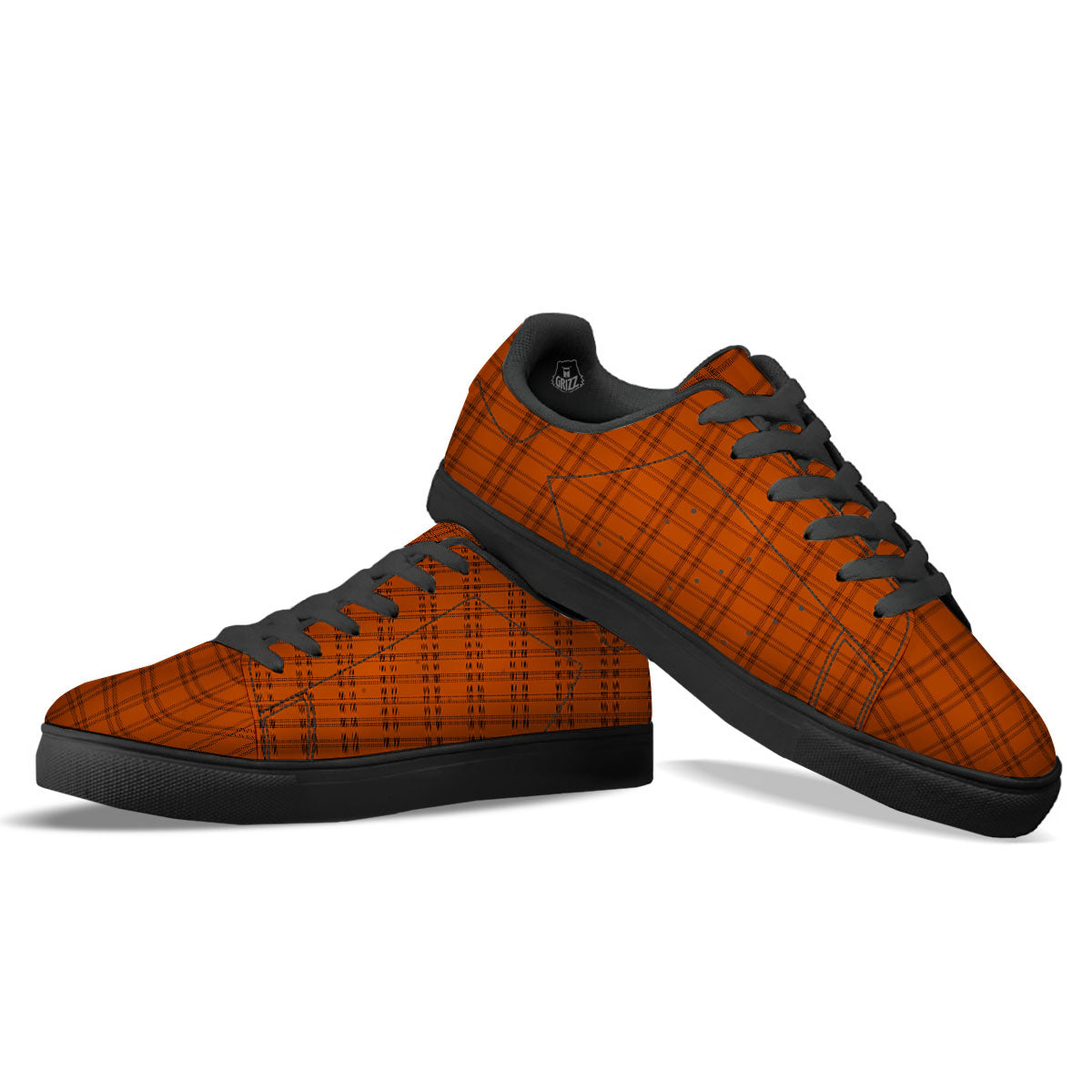 Tattersall Orange Print Pattern Black Low Top Sneakers-grizzshop