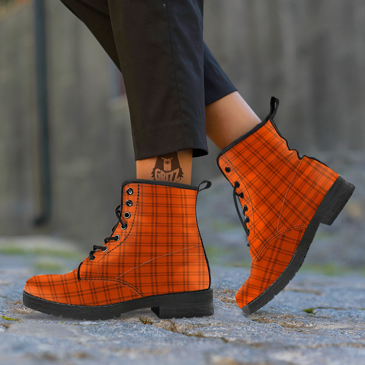 Tattersall Orange Print Pattern Leather Boots-grizzshop