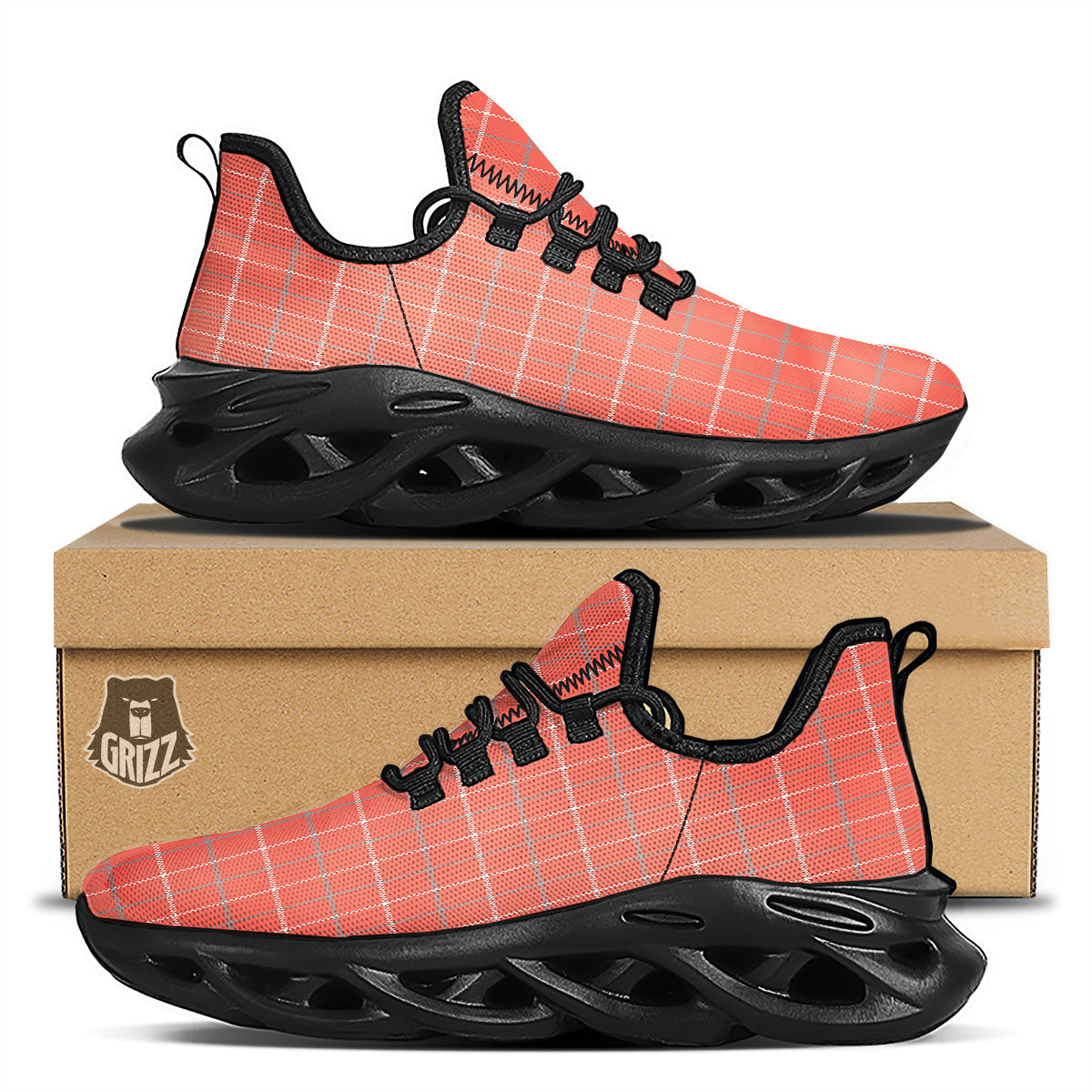 Tattersall Pastel Orange Print Pattern Black Running Shoes-grizzshop