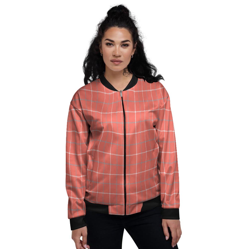 Tattersall Pastel Orange Print Pattern Women's Bomber Jacket-grizzshop