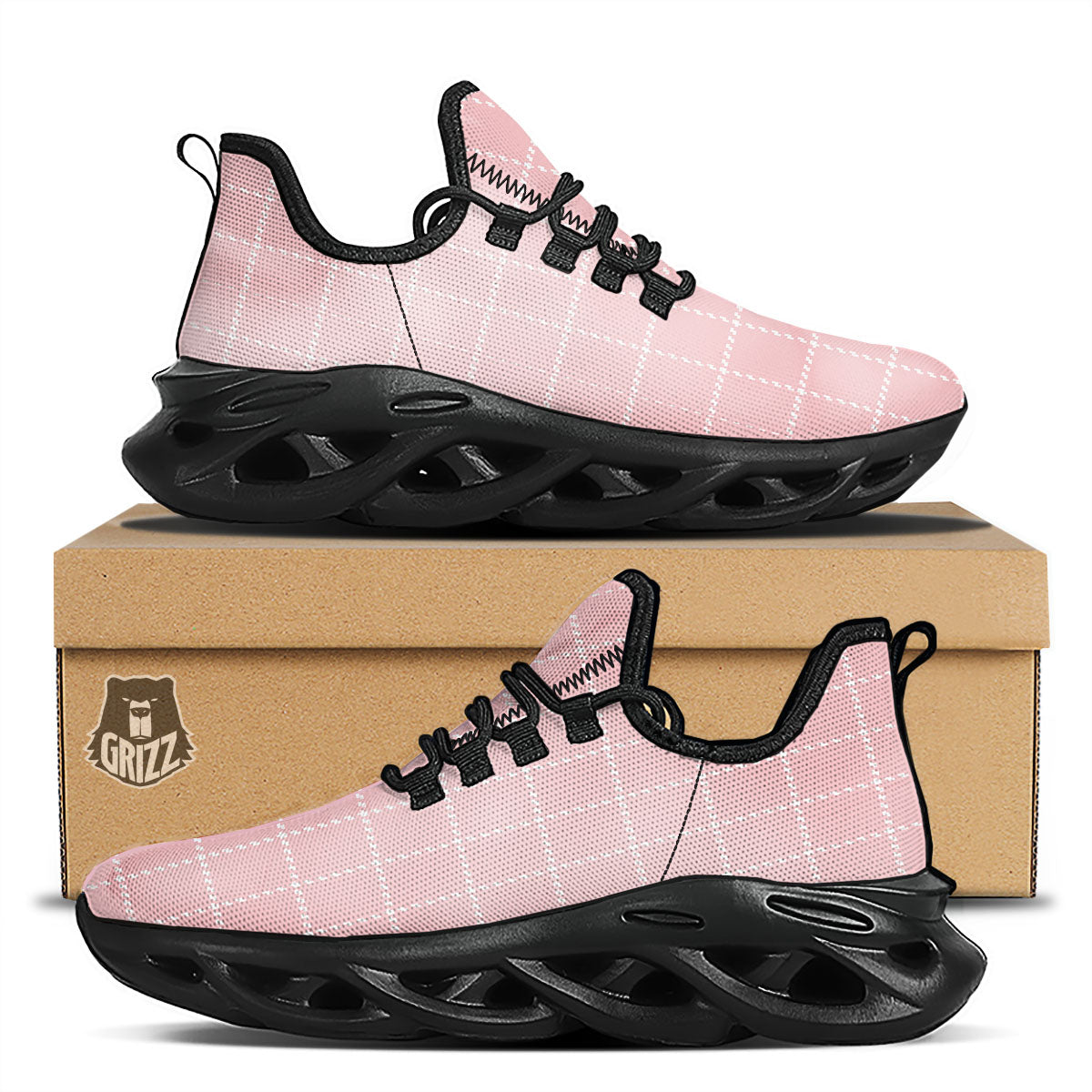 Tattersall Pastel Pink Print Pattern Black Running Shoes-grizzshop