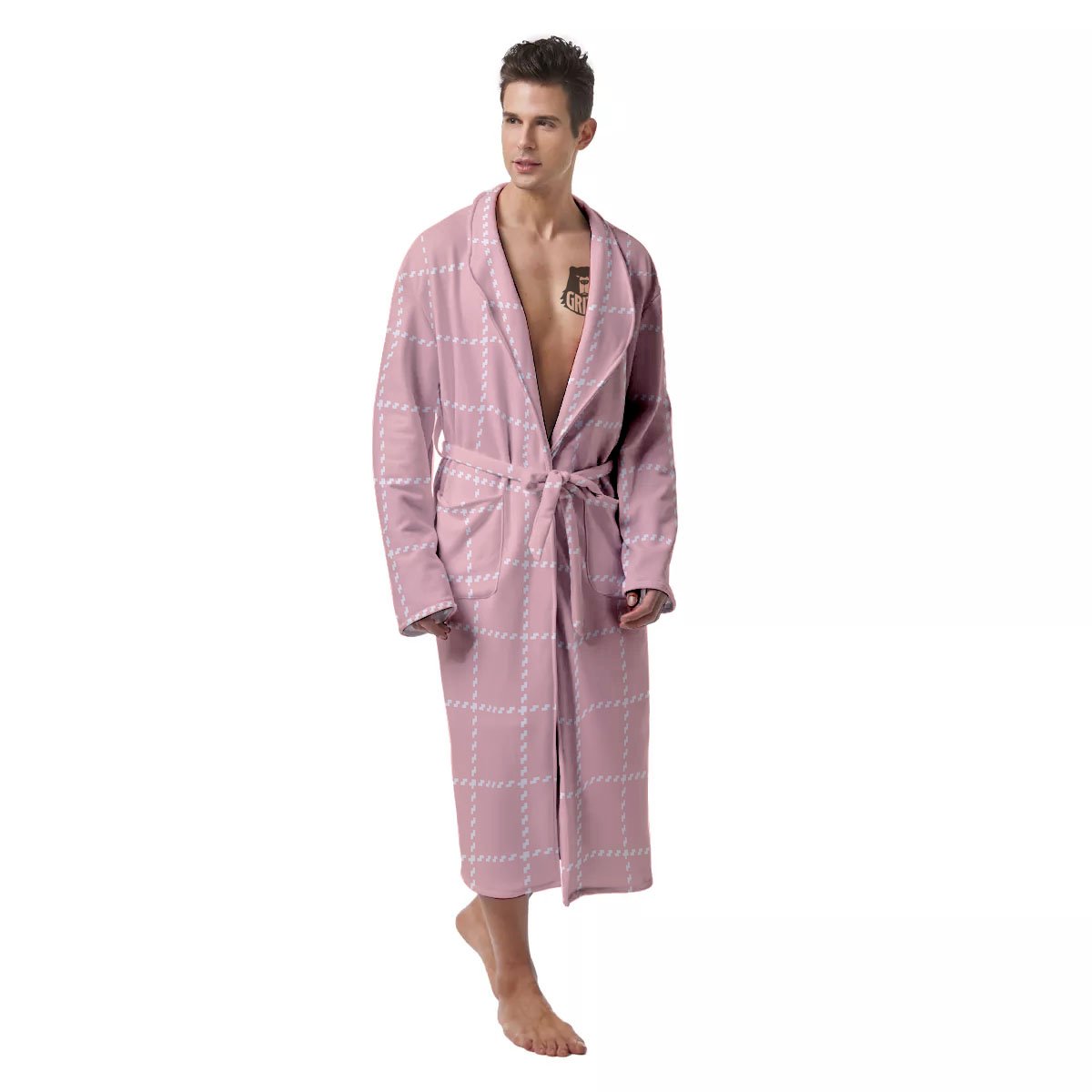 Tattersall Pastel Pink Print Pattern Men's Robe-grizzshop