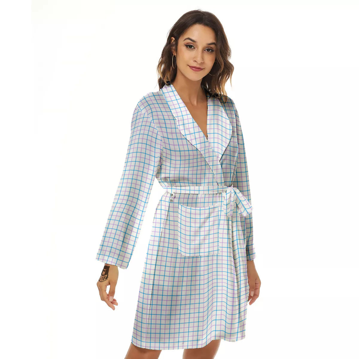 Tattersall Purple And Blue Line Print Pattern Women's Robe-grizzshop