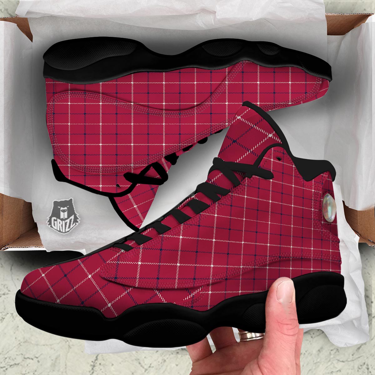 Tattersall Red Print Pattern Black Basketball Shoes-grizzshop