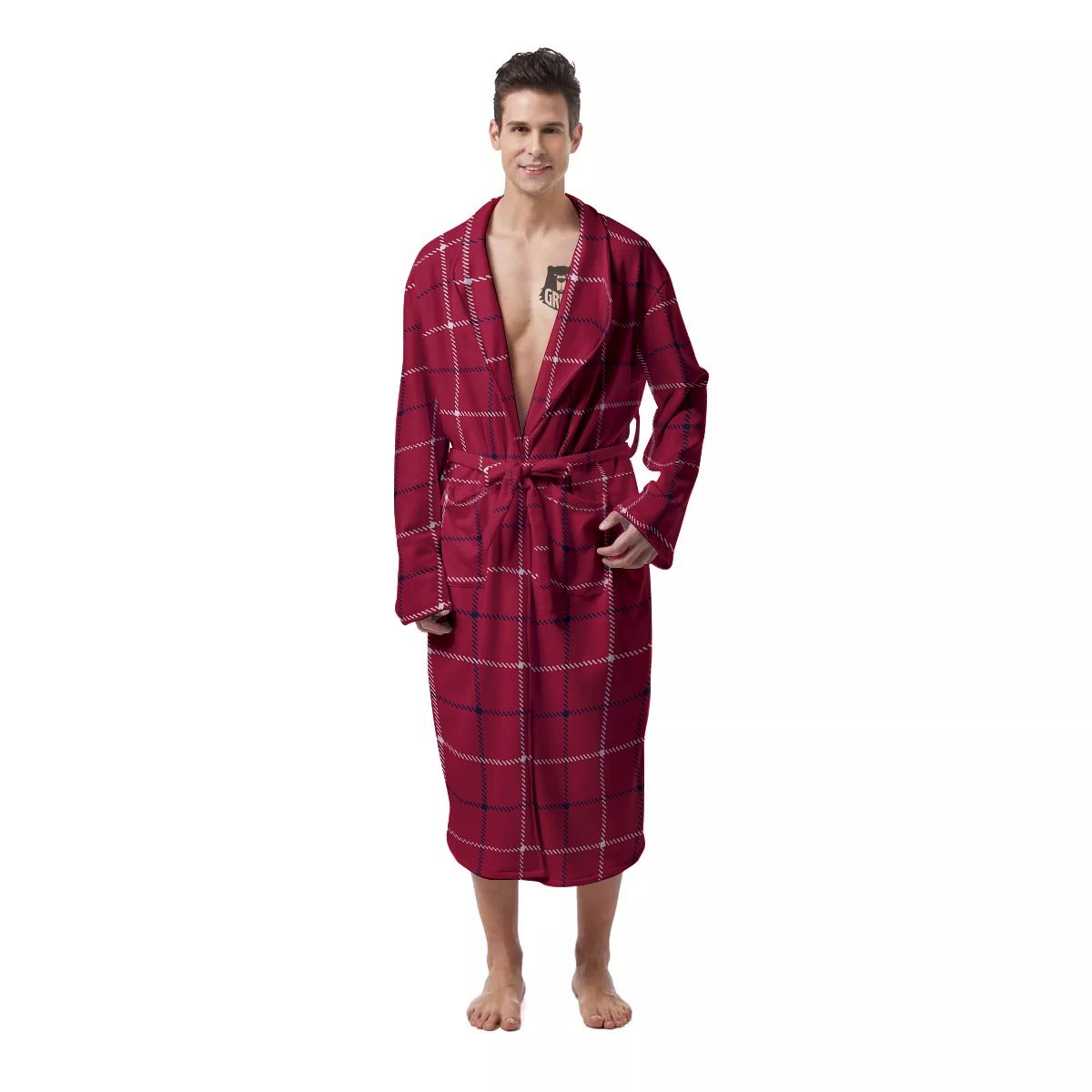 Tattersall Red Print Pattern Men's Robe-grizzshop