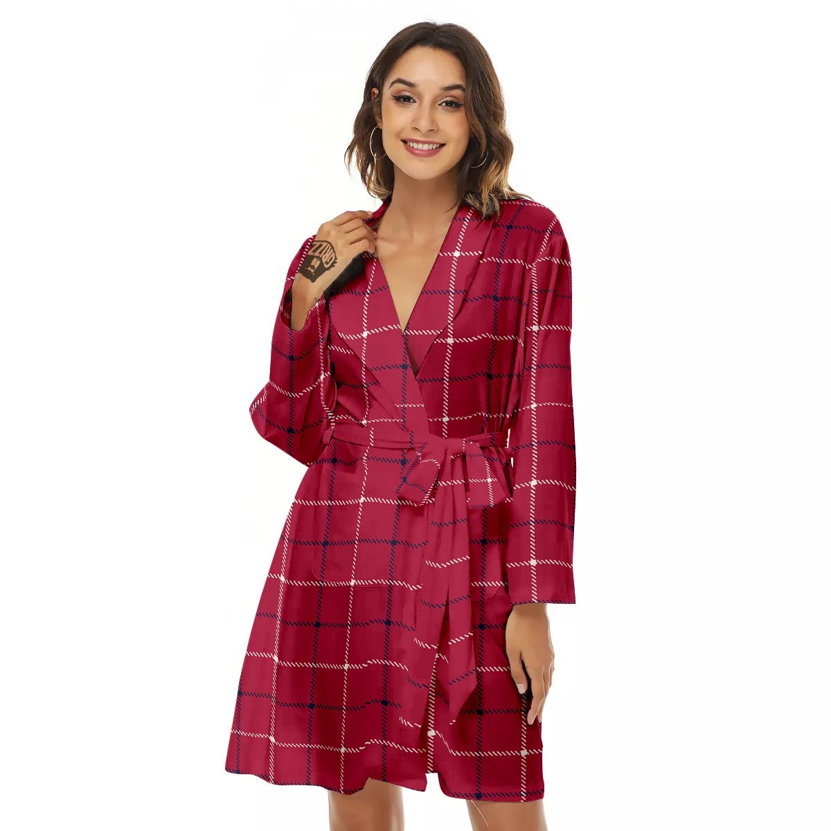 Tattersall Red Print Pattern Women's Robe-grizzshop