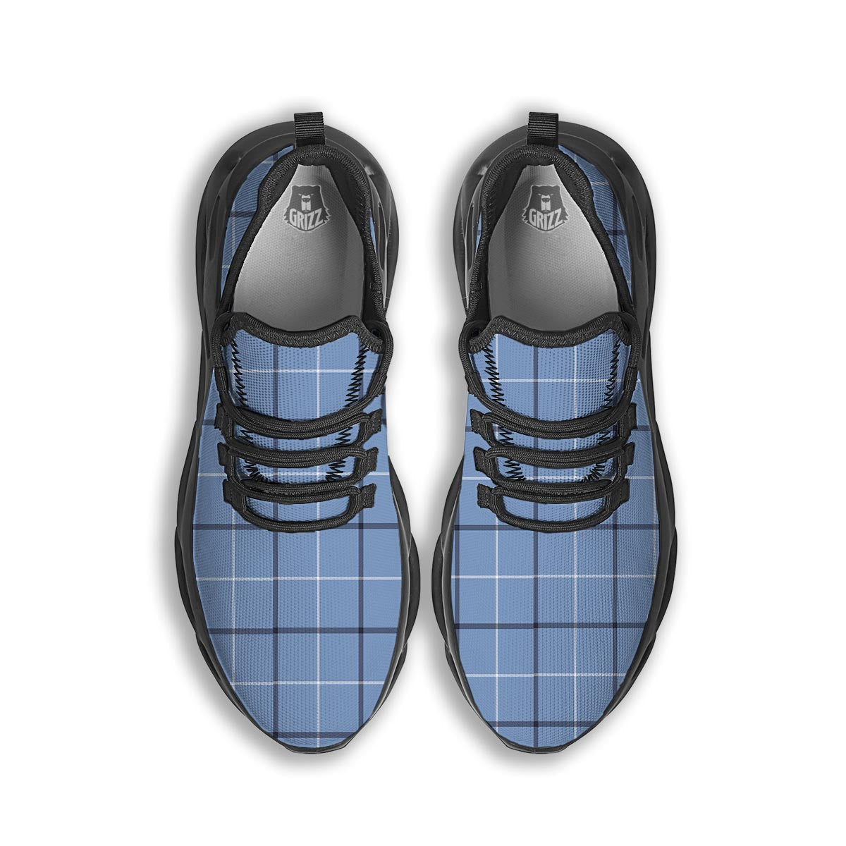 Tattersall Solf Blue Print Pattern Black Running Shoes-grizzshop