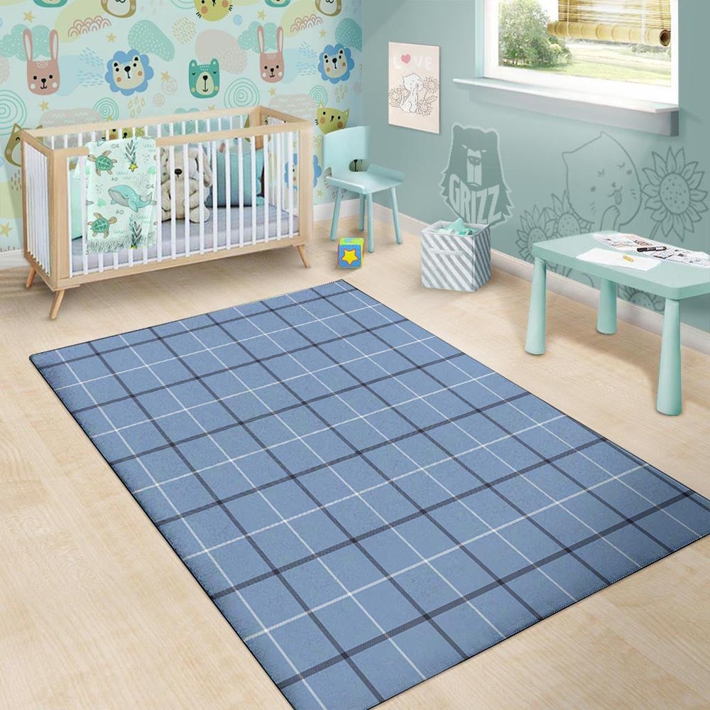 Tattersall Solf Blue Print Pattern Floor Mat-grizzshop