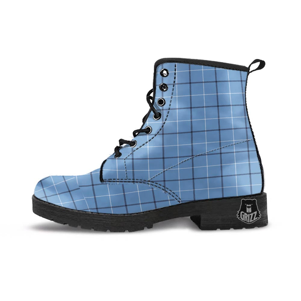Tattersall Solf Blue Print Pattern Leather Boots-grizzshop