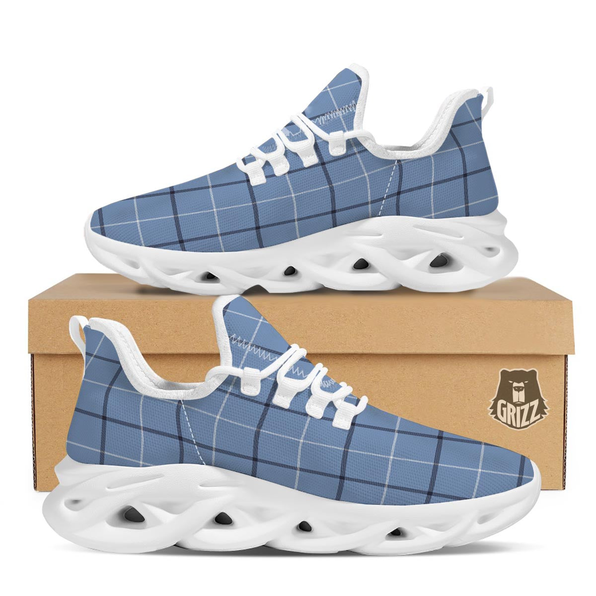 Tattersall Solf Blue Print Pattern White Running Shoes-grizzshop