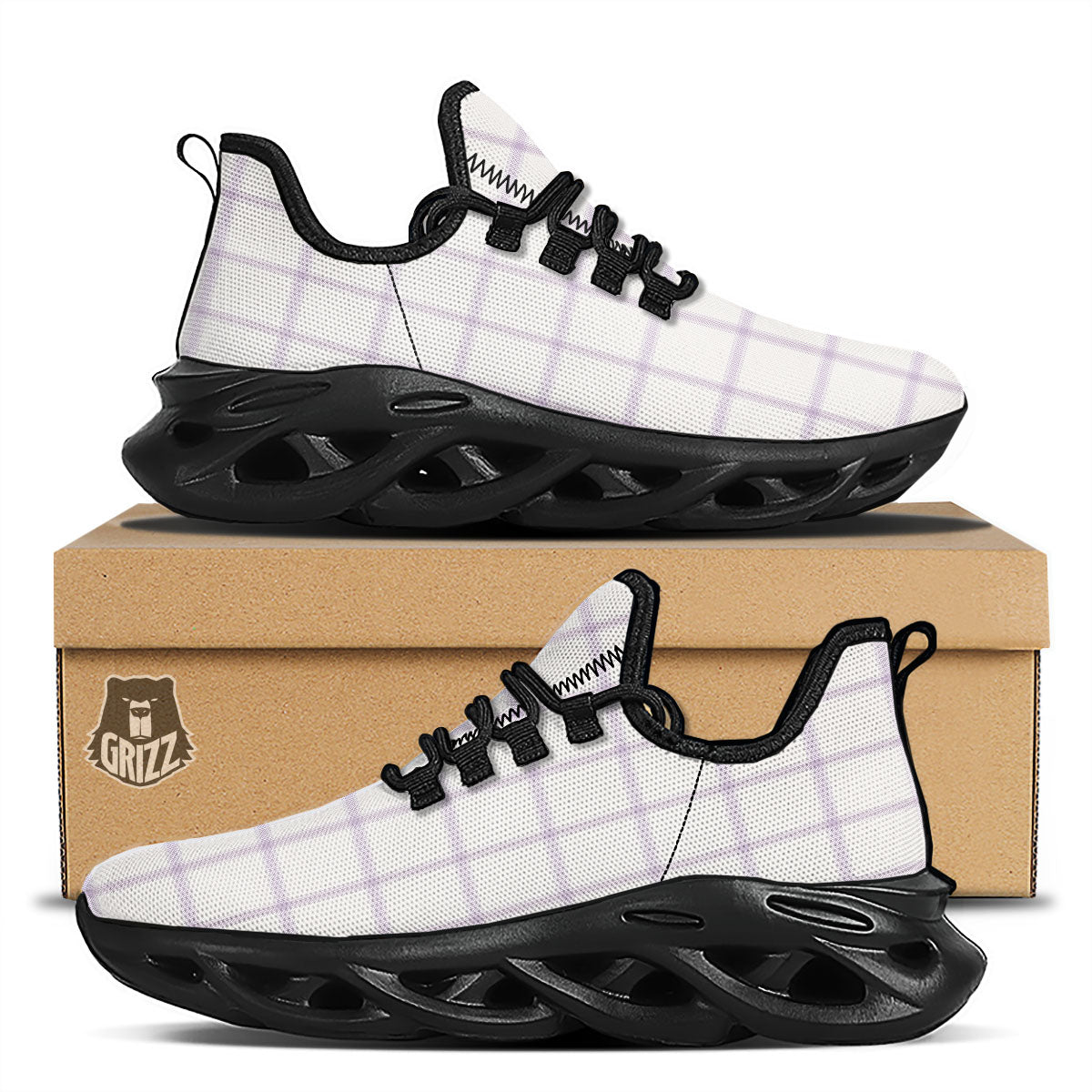 Tattersall White And Purple Print Pattern Black Running Shoes-grizzshop
