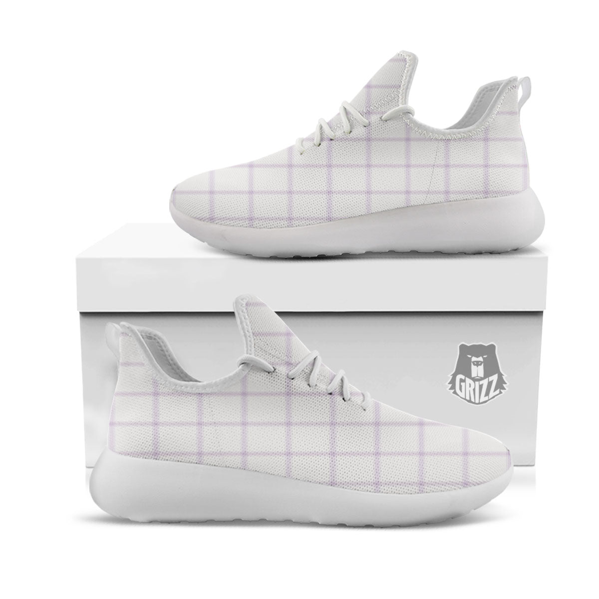 Tattersall White And Purple Print Pattern White Athletic Shoes-grizzshop