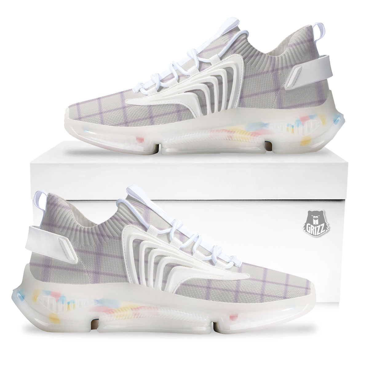 Tattersall White And Purple Print Pattern White Gym Shoes-grizzshop