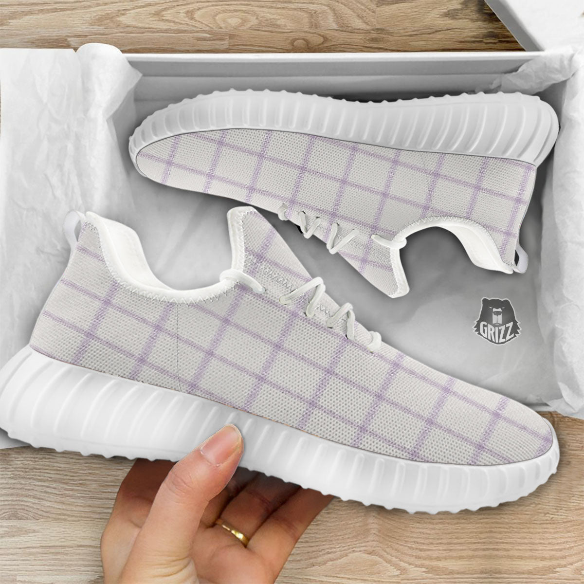 Tattersall White And Purple Print Pattern White Walking Shoes-grizzshop