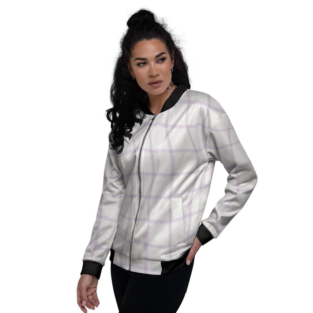 Tattersall White And Purple Print Pattern Women's Bomber Jacket-grizzshop