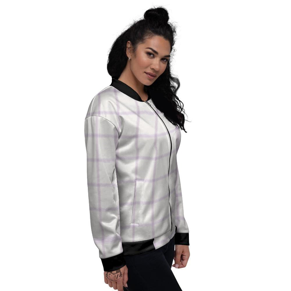 Tattersall White And Purple Print Pattern Women's Bomber Jacket-grizzshop