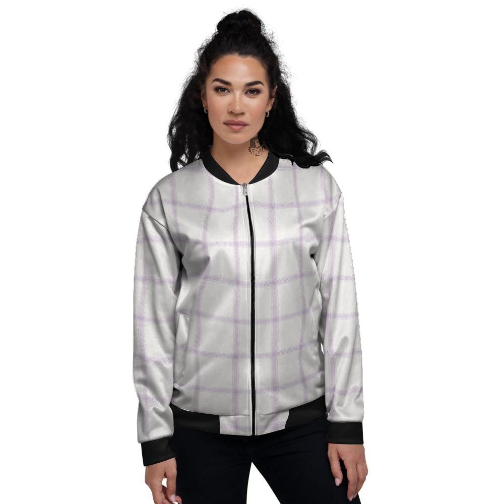 Tattersall White And Purple Print Pattern Women's Bomber Jacket-grizzshop