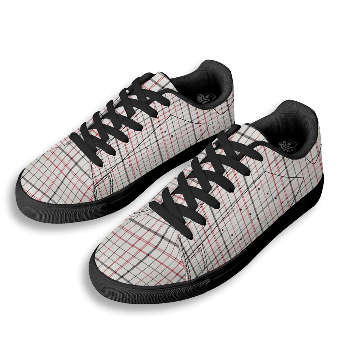 Tattersall White And Red Print Pattern Black Low Top Sneakers-grizzshop