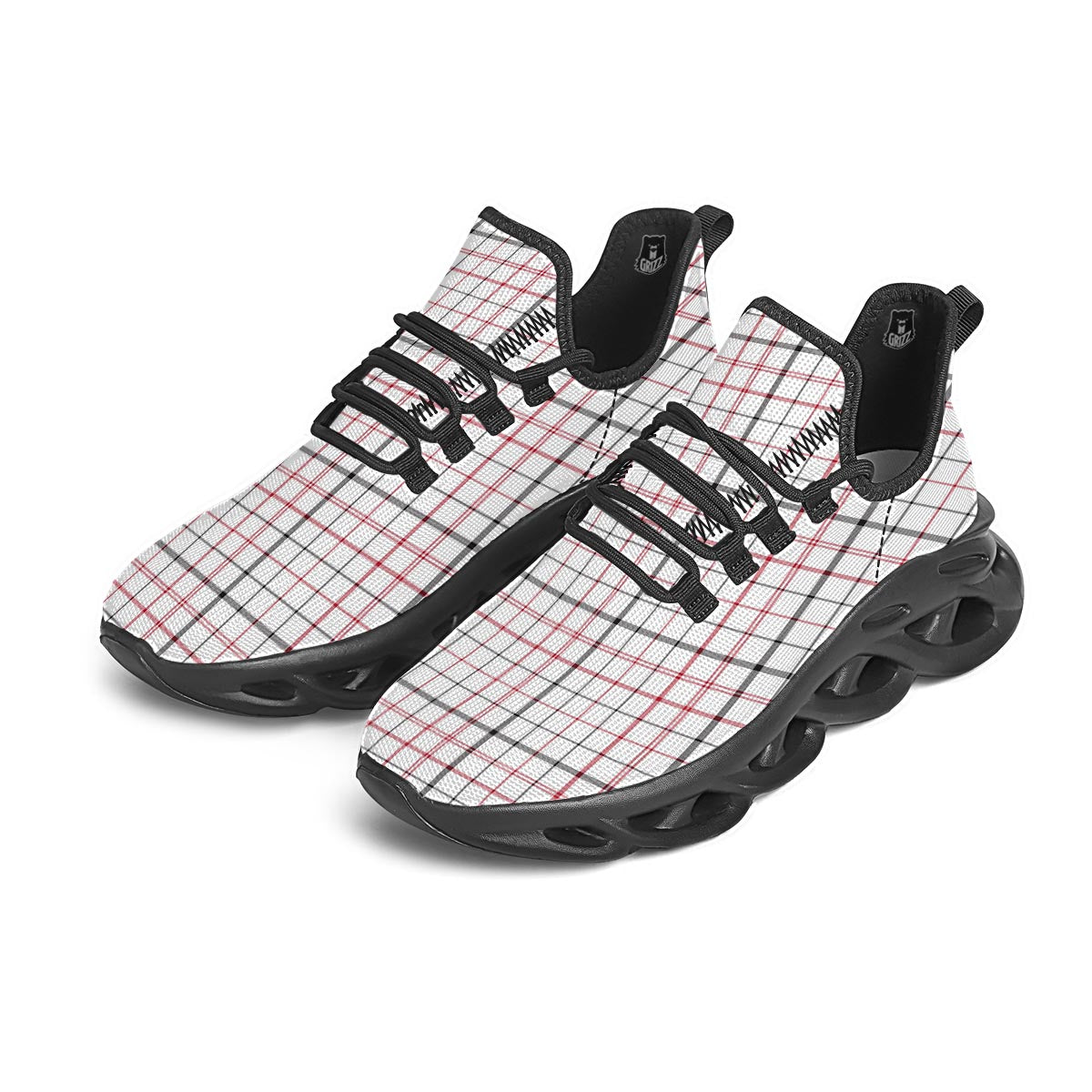 Tattersall White And Red Print Pattern Black Running Shoes-grizzshop