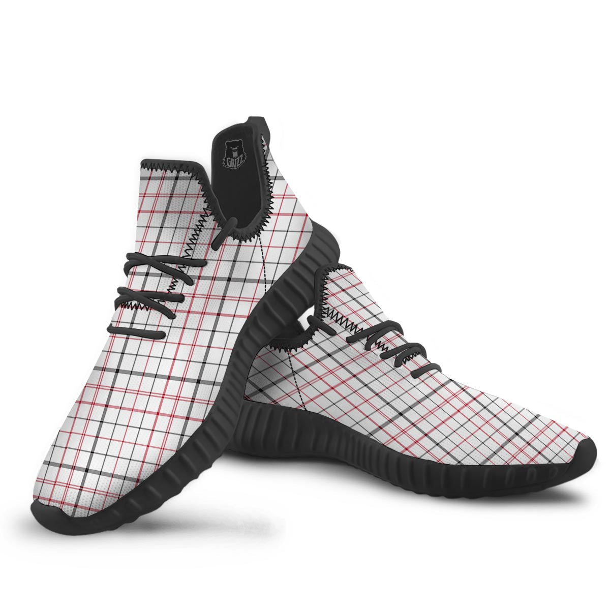 Tattersall White And Red Print Pattern Black Walking Shoes-grizzshop