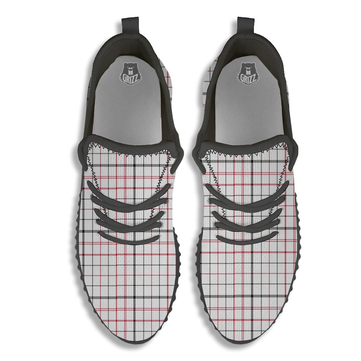 Tattersall White And Red Print Pattern Black Walking Shoes-grizzshop