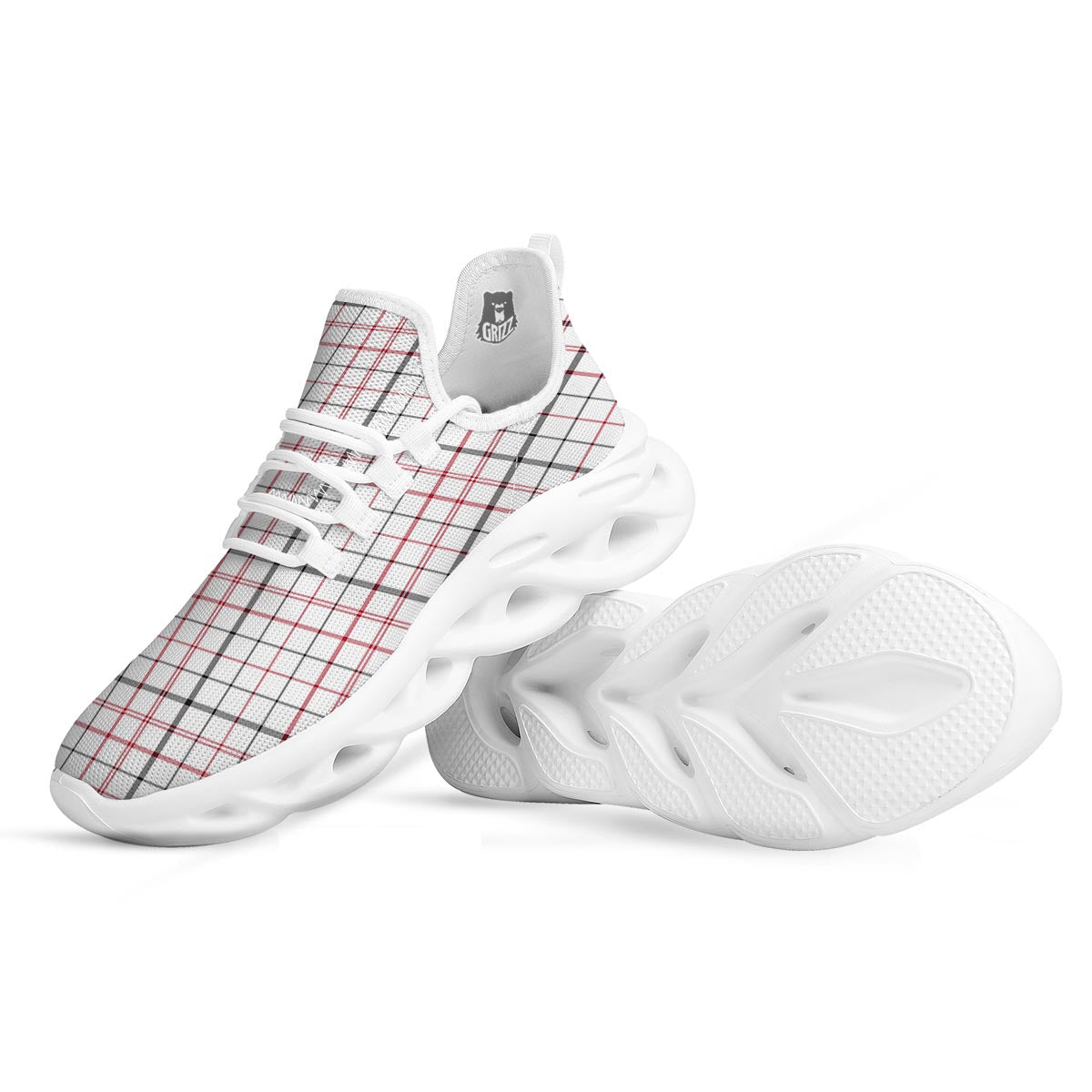 Tattersall White And Red Print Pattern White Running Shoes-grizzshop