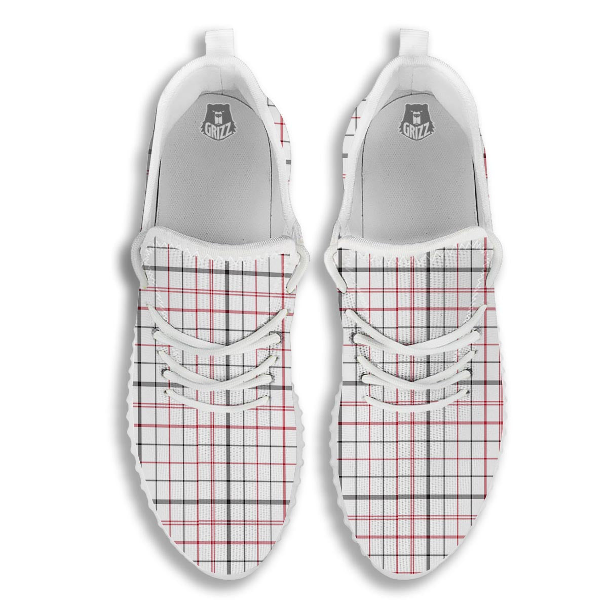 Tattersall White And Red Print Pattern White Walking Shoes-grizzshop