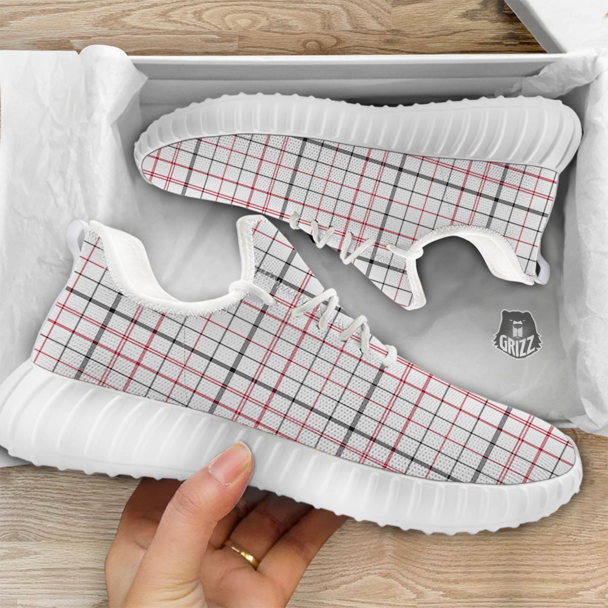 Tattersall White And Red Print Pattern White Walking Shoes-grizzshop