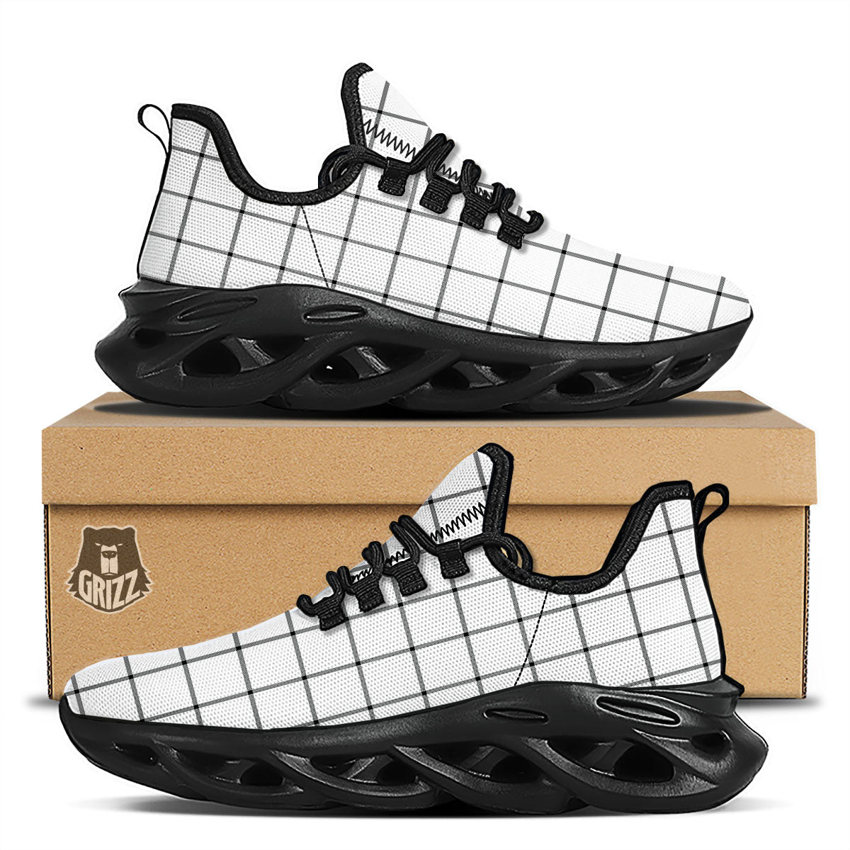 Tattersall White Print Pattern Black Running Shoes-grizzshop