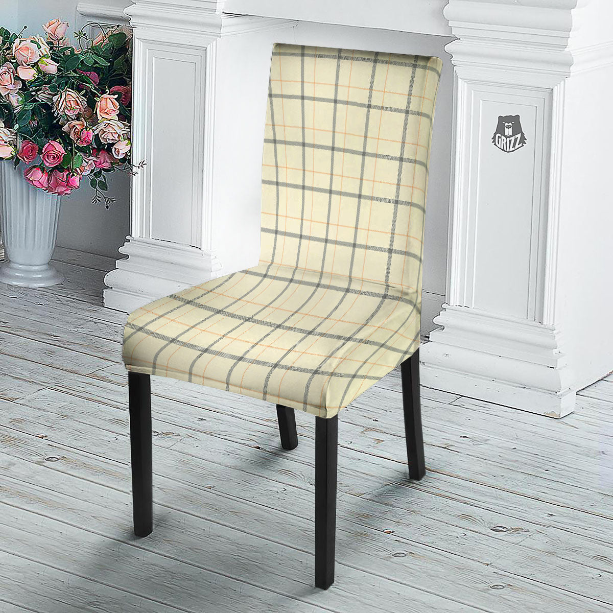 Tattersall Yellow And Beige Print Pattern Dining Chair Slipcover-grizzshop