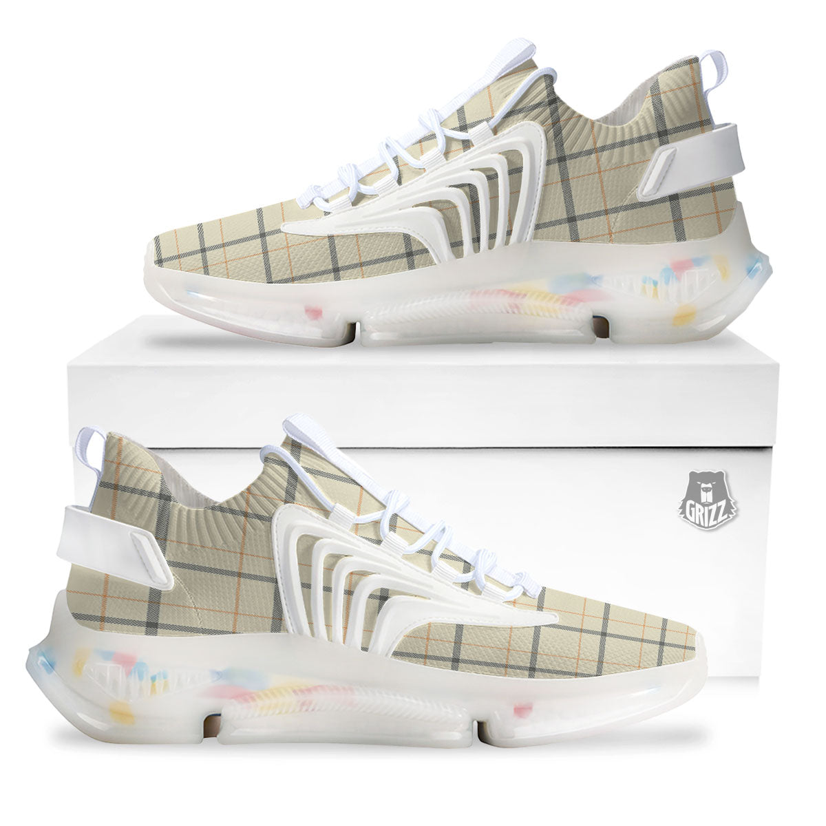 Tattersall Yellow And Beige Print Pattern White Gym Shoes-grizzshop