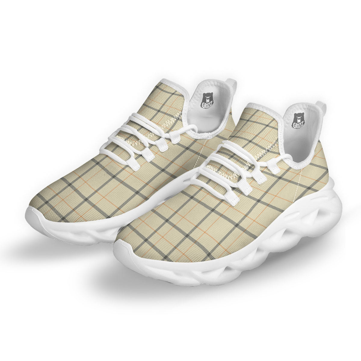 Tattersall Yellow And Beige Print Pattern White Running Shoes-grizzshop