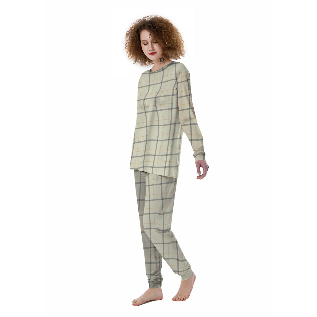 Tattersall Yellow And Beige Print Pattern Women's Pajamas-grizzshop