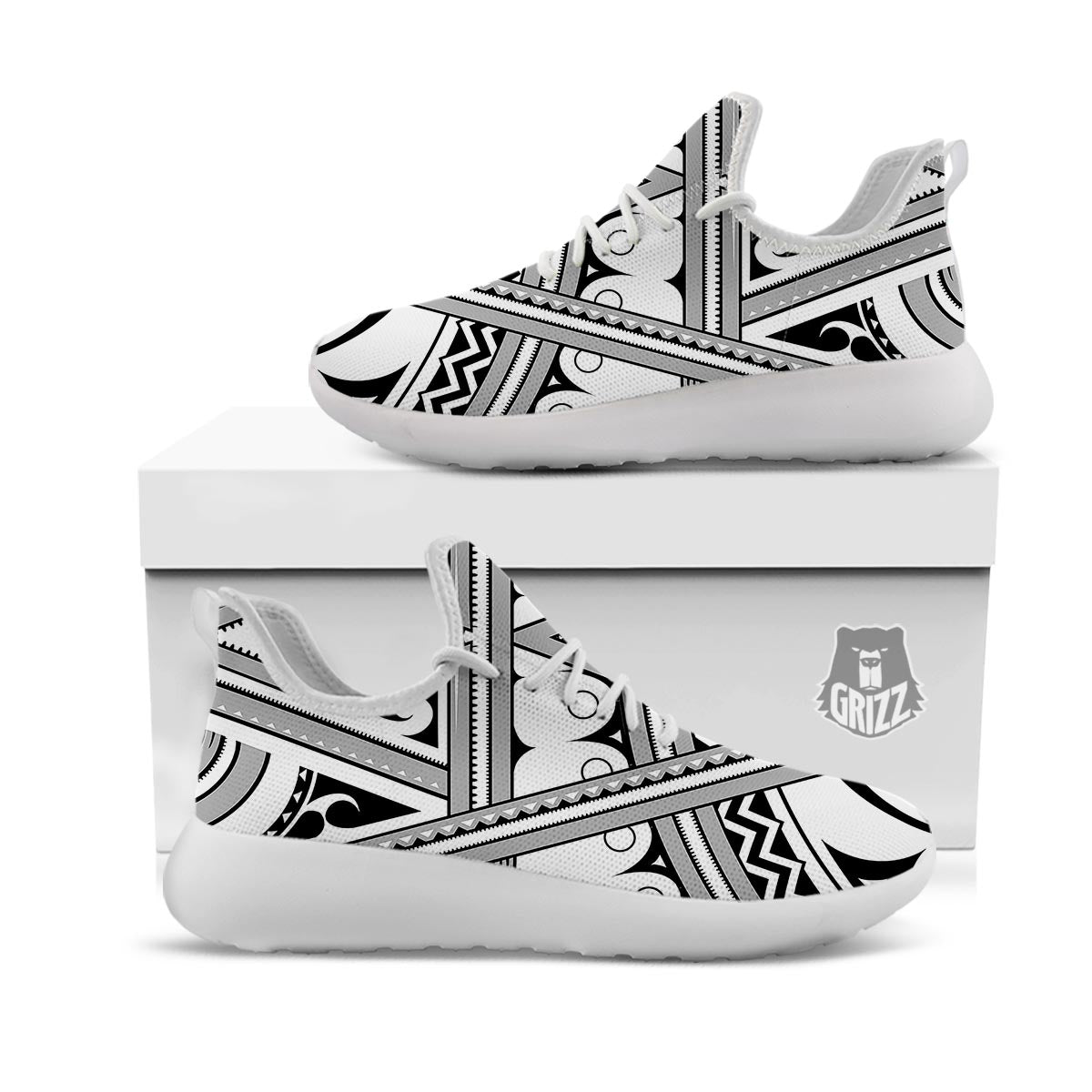 Tatto Polynesian Tribal Maori Print White Athletic Shoes-grizzshop